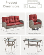 HUMMUH Wicker Patio Furniture Set-All Weather Rattan Patio Sofa Set with Swivel Rocker Chairs Outdoor Conversation Set for Deck Lawn Porch Balcony Poolside-Grey/Red