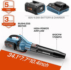 SENIX Leaf Blower Cordless, 60V Max 1300W Brushless Electric Leaf Blowers, 810 CFM & 170 MPH, Stepless Speed, Cruise Control, 60V 4.0Ah Battery & Charger Included,Blowers for Lawn Care, Yard, Garden