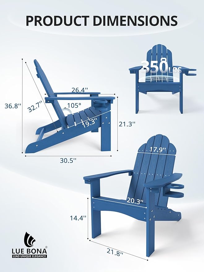 LUE BONA HDPE Adirondack Chairs Set of 4,Plastic Adirondack Chairs with Cup Holder Weather Resistant for Outdoor, Patio, Lawn, Garden, Backyard Deck, Fire Pit, Blue