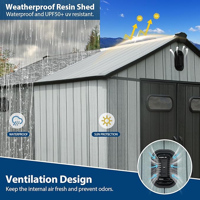 Domi 6×6ft Outdoor Resin Storage Shed - 212+ Cubic Ft Weatherproof Double-Wall Yard Shed with Skylight, Lockable Door and Carpet, Heavy-Duty Steel Frame Storage Building for Lawn Mower, Bike, Tools