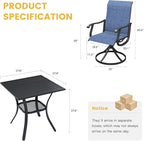 VICLLAX 3 Pieces Patio Dining Set Includes 28" Square Small Outdoor Table and 2 Patio Swivel Chairs for Lawn Garden, Black Tabletop and Blue Fabric