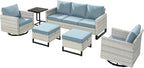 Wicker Outdoor Patio Furniture Set - 6 Piece Patio Conversation Set with 2 Swivel Rocker Chairs,2 Rattan Ottoman,1 Couch and 1 Metal Side Table for Outside Porch Deck Backyard(Light Grey/Sky Blue)