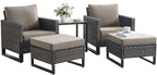 Rilyson Wicker Outdoor Patio Furniture Set - 5 Piece Patio Conversation Set with 2 Wicker Armrest Chairs,2 Rattan Ottoman and 1 Metal Side Table for Outside Porch Deck Backyard Garden(Brown/Grey)