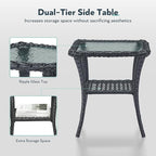 7 Piece Patio Furniture Set with Fire Pit Table - Wicker Patio Conversation Set with 4 Swivel Glider Chairs and 2 Tempered Glass Side Tables for Deck Backyard - Black Wicker Beige Cushion