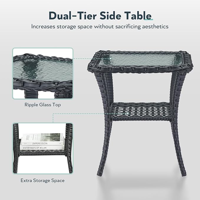 7 Piece Patio Furniture Set with Fire Pit Table - Wicker Patio Conversation Set with Swivel Glider, 3 Seat Sofa, Side Table and 2 Ottomans for Deck Backyard - Black Wicker Beige Cushion