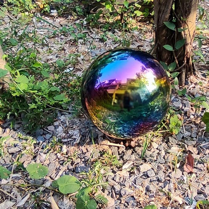 15cm/6 inch Garden Sphere Mirror Gazing Ball,Rainbow Stainless Steel Polished Reflective Smooth Hollow Globe Ball,Durable Colorful and Shiny Decorations Addition to Garden Patio Yard Home