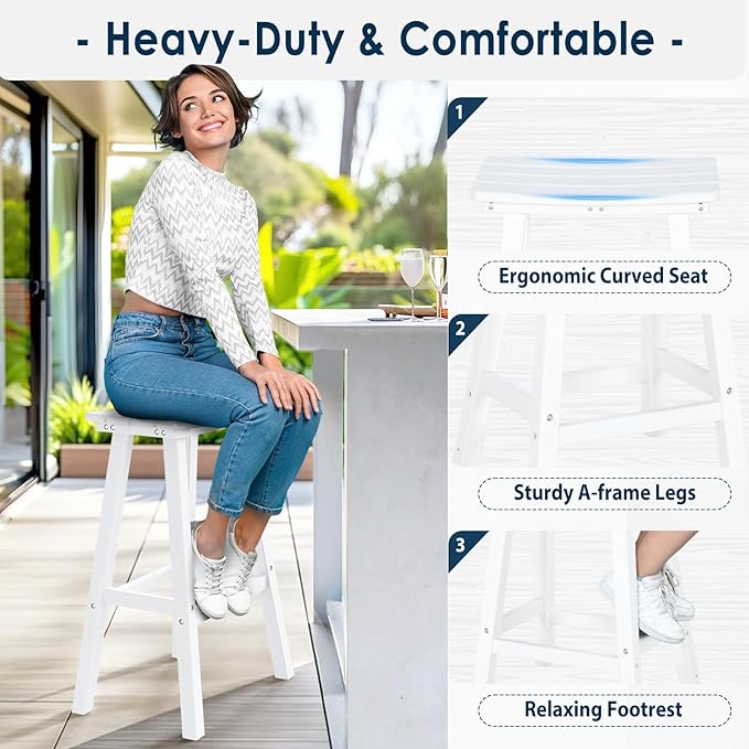 nalone 29 Inch Outdoor Bar Stool, HDPE Bar Chairs with Footrest, Weather Resistant Waterproof Bar Stools Outside Bar Height Stools for Bar, Kitchen Counter, Yard, Balcony(White, 29'' Barstools)