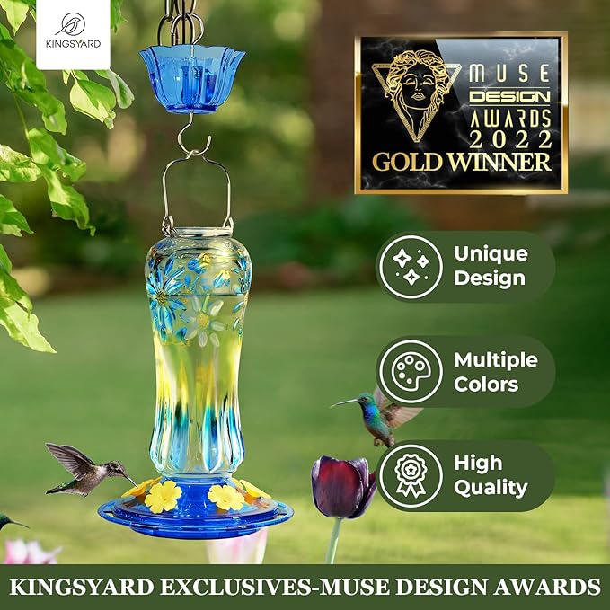 Kingsyard Hummingbird Feeder for Outdoors Hanging, 25 Ounces, Glass Humming Bird Nectar Feeder with Ant Moat & 6 Feeding Ports, Leak Proof, Blue