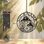 Personalized Customize Name Fantasy Mushroom Wonderland Wind Chime, Metal Iron 37 Inch Outdoor Memorial Gift for Garden Yard Patio Home Decor, Black (Style I)