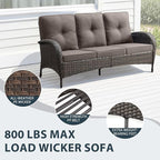 6 Piece Patio Furniture Set - Wicker Patio Conversation Set with Swivel Glider, 3-Seater Sofa, Tempered Glass Side Table and 2 Ottomans for Deck Backyard - Brown Wicker Grey Cushion