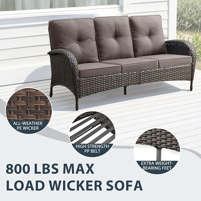 5 Piece Patio Furniture Set - Wicker Patio Conversation Set with Swivel Glider, 3 Seat Sofa, Tempered Glass Side Table and Coffee Table for Deck Backyard - Brown Wicker Grey Cushion