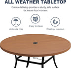 VICLLAX 60" Outdoor Round Patio Dining Table for 8-10, All Weather Metal Dining Table with Umbrella Hole for Deck Lawn Garden Backyard, Walnut
