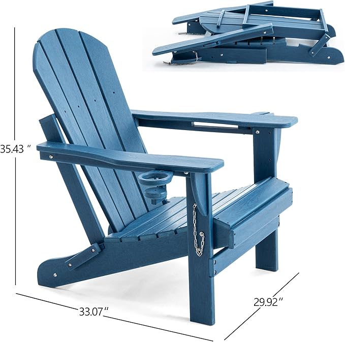 Folding Adirondack Chair, HDPE Outdoor Texture Lawn Chair with Reclining Back, Cup and Phone Holder - Comfortable Firepit Chair Weather Resistant for Patio or Backyard (Blue, Set of 4)