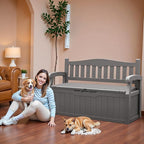 JUMMICO 80 Gallon Resin Outdoor Storage Bench, Large Deck Box with Armrest, Lockable & Waterproof for Garden, Home, Patio, Pools (Grey)