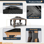 HAPPATIO 12' x 16' Hardtop Gazebo, Outdoor Wood Grain Frame Aluminum Gazebo, Double Roof Permanent Patio Canopy with Netting and Curtains for Garden, Patio, Lawns, Parties (Grey)