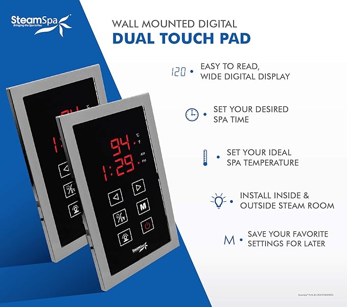 SteamSpa 10.5kW Steam Sauna Generator Executive Bundle 240V Steam Generator with Touch Pad, Steamheads, Pressure Relief Valve, Built-in Auto Drain, LED Light, Filter and Quick Install Kit EXT1050BN