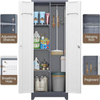 GREATMEET 65" Garage Storage Cabinet, Broom Closet Storage Cabinet, Storage Shed, Metal Cabinets with Doors and Shelves, Tool Shed for Brooms and Mops, Utility Cabinets for Storage, Grey&White