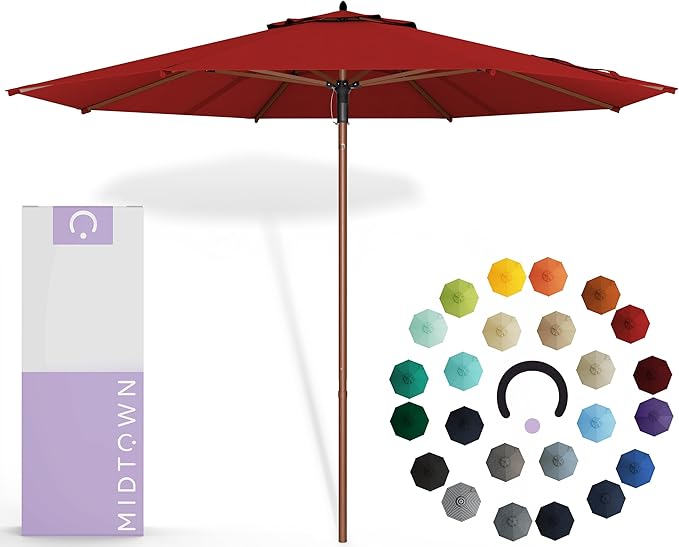 Midtown Umbrellas The Wooden 8 Feet Patio Umbrella With Sunbrella Red Acrylic Fabric - Aluminum Frame Market Umbrella For Backyard, Deck, Garden, Pool - Wooden Pole