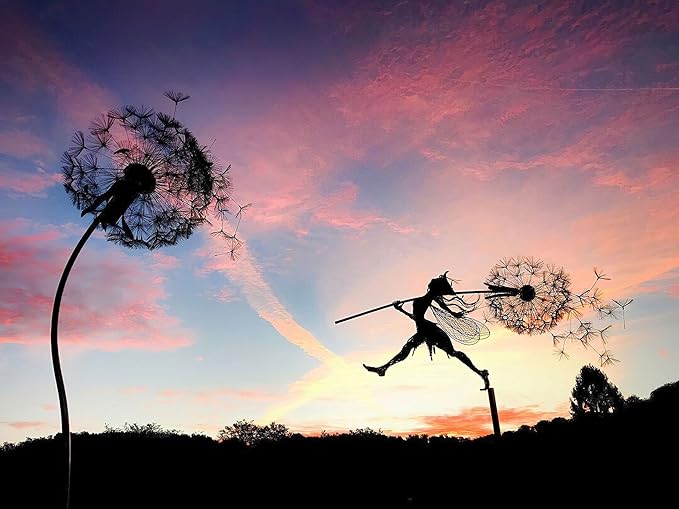 Flower Fairy Dancing with Dandelion Garden Art Sculpture Stainless Steel Statue Christmas Halloween Decoration for Outdoor Yard Courtyard Lawn Patio Metal Ornaments (Long Travel)