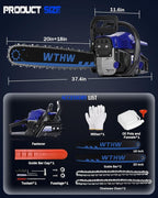 58 cc Gas Powered Chainsaw, 20 in & 18 in Quick-Switch Bars – 550 ml Fuel 260 ml Oil Tanks, Automatic Chain Oiler, Centrifugal Air Filter, Quick Start, Inertial Chain Brake (WH5808)