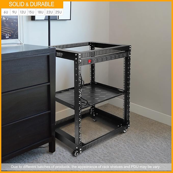RIVECO 22U Open Frame Server Rack with Brake Casters +19" Rail Mounting PDU (8 Outlets) Power Strip with Surge Protector + 2PCS Rack Shelves Cantilever Tray Set Black