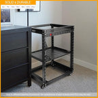 RIVECO 15U 19 Inch Open Frame Server Rack with Wheels Including 1U Rack Shelf & Power Strip Universal for 19" Network Equipment Black