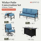 Patio Furniture Set, 6 Pcs Metal Outdoor Conversation Set, 2 Swivel Chairs, 2 Ottomans and 3 Seater Sofa with 5.75" Extra Thick Cushion and Gas Fire Pit Table, Navy Blue