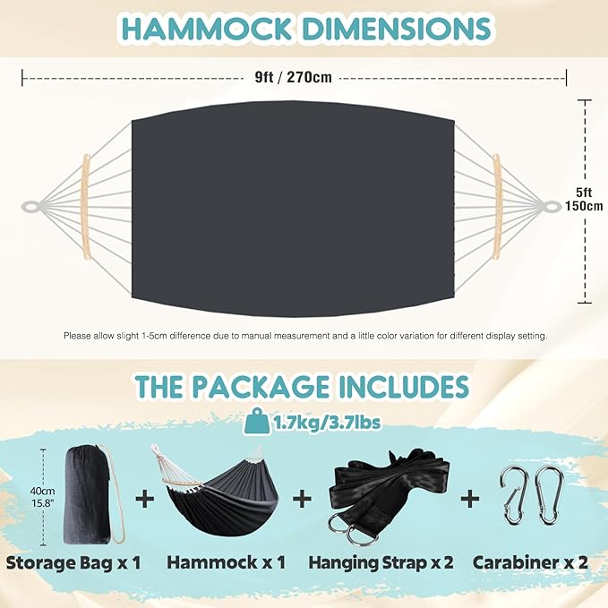 Anyoo Garden Cotton Hammock Comfortable Fabric Hammock with Spreader Bar Sturdy Hammocks Up to 450lbs Portable Lightweight Hammocks with Travel Bag for Camping Outdoor/Indoor Patio Backyard