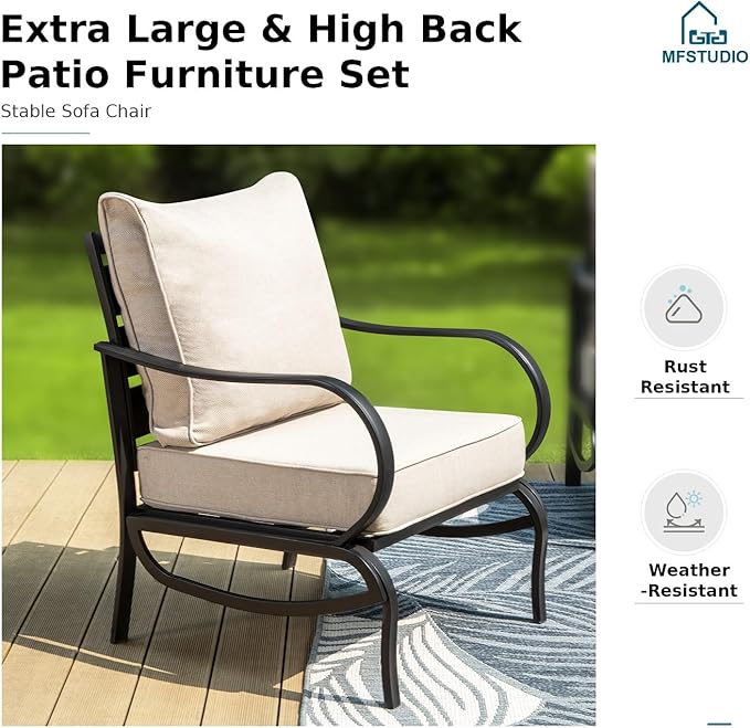 MFSTUDIO 4 Pieces Patio Conversation Set, 5 Seats Metal Outdoor Furniture Sets with 1 x 3-Seat Sofa, 2 Single Chairs,1 Coffee Table, All Weather Steel Frame Patio Sets with 5.75inch Beige Cushions