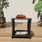 Outdoor Rattan Side Table, Modern Patio End Side Table with Glass Top and Storage Shelf, Wicker Side Table for Yard, Balcony, or Livingroom