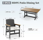7 Piece HDPE Outdoor Dining Set for 6, 64” All Weather Wood-grain Dining Table, 6 Wicker Rattan Chairs with 3.2” Waterproof Cushion, Patio Table and Chairs Set for Backyard and Deck, Black