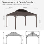Domi 12x14FT Outdoor Gazebo, Hardtop Gazebo with Galvanized Steel Double Roof, Metal Gazebos with Drainage System Patio Pergola for Patio Deck Backyard,Curtain and Netting,Brown