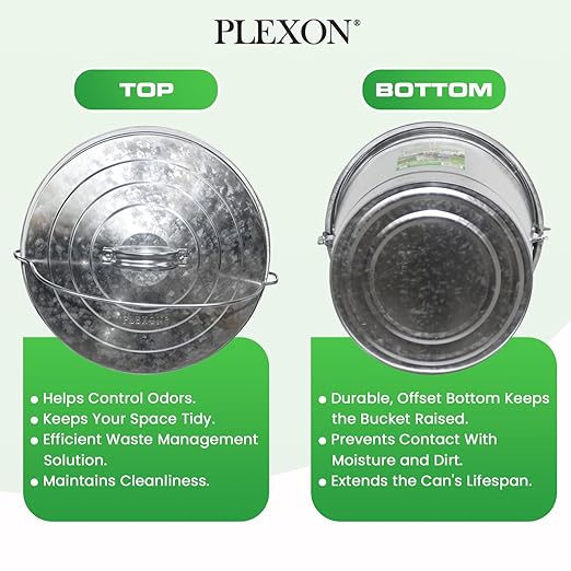 Plexon 6 Gallon Small Metal Trash Can with Lid Outdoor Locking Galvanized Metal Garbage Can with Lid for Poultry Feed Bird Seed Storage Ash Galvanized Bucket