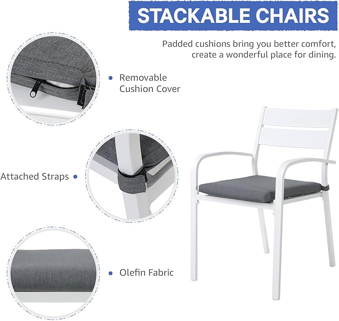Soleil Jardin Outdoor Aluminum 4-Piece Patio Dining Chairs with Cushions, Stackable Bistro Chairs for Balcony, Garden, Backyard, White Finish & Grey Cushion