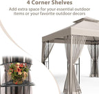 EAGLE PEAK 10x10 Patio Gazebo with Mesh Netting, Double Roof Outdoor Pavilion with Corner Shelves for Lawn, Deck, Garden and Backyard, Beige