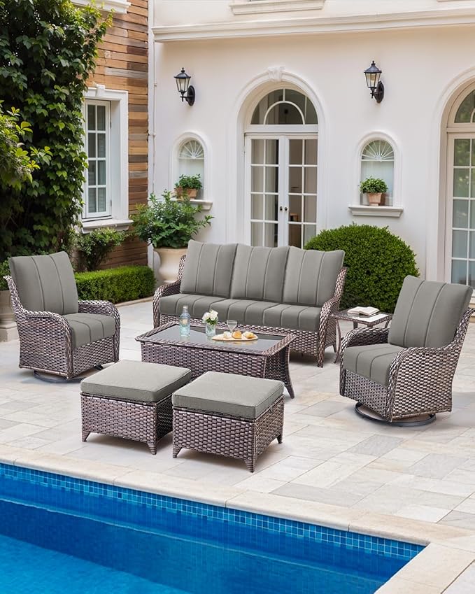 Luxury 24x24x6 Inch Kitty Patio Chair Cushions Set of 3 - Memory Foam Deep Seat Water-Resistant Patio Cushion for Dining Rocking Swivel Chairs Loveseat 3-Seater Sectional Sofa - Grey