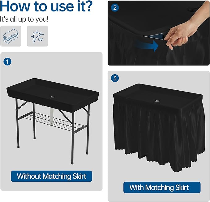 Outdoor Ice Cooler Folding Table, Portable Cooler Table with Removable Matching Skirt, Chill Table for Party BBQ Camping Wedding Black