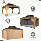 YOLENY 12' x 14' Hardtop Gazebo, Wooden Finish Coated Aluminum Frame Gazebo with Galvanized Steel Double Roof, Outdoor Permanent Metal Pavilion with Curtains and Nettings for Patio, Lawn & Garden