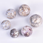 JIC Gem Large Blue Cherry Blossom Agate Crystal Ball with Stand Crystal Sphere Natural Sakura Flower Agate Stone Reiki Healing Meditation Witchcraft Home Decor 4 inch(100mm)