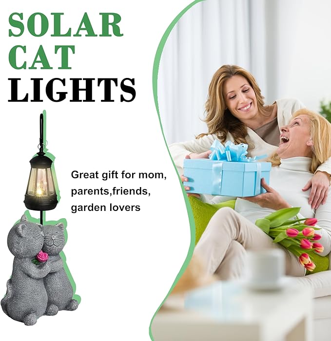 Outdoor Cat Garden Statues with Solar Lantern, Solar Lantern Cat Figurines Decor for Yard, Lawn, Porch & Patio, Unique Housewarming/Birthday Gifts for Women