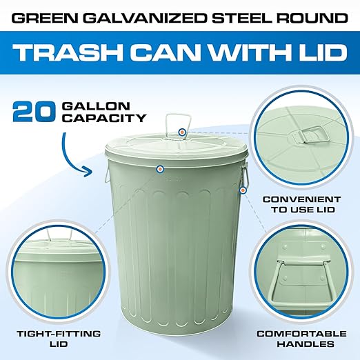 Plexon Large Metal Trash Can with Lid 20 Gallon, Decorative Outdoor Trash Can Heavy Duty Galvanized Metal Bucket with Lid for Garage Workshop Ash Storage Farmhouse, Green 3 Pack