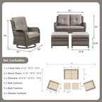 Rilyson 5 Piece Outdoor Patio Furniture Set - Rattan Wicker Patio Conversation Sets with 2 Swivel Rocker Chairs,2 Ottomans and 1 Loveseat for Outside Porch Deck Backyard(Mixed Grey/Grey)