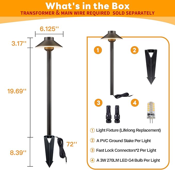 Gardenreet Brass Low Voltage Path Lights - 12V LED Landscaping Pathway Lamp IP65 Waterproof, Wired Walkway Lighting Outdoor, Bronze for Lawn Backyard with 3W 4000K Neutral White G4 Bulb (8 Pack)