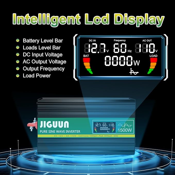 JIGUUN 1500 Watt Pure Sine Wave Power Inverter 12v DC to 110/120v AC Converter 3 AC & USB Output,Power Inverter LCD Display for Home RV Camping Car Truck 3000 Peak