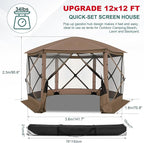 COBlZl Pop Up Gazebo 12x12 Screen House Tent for Camping, Outdoor Instant Stargazing Gazebo Canopy with Awning 2.0, Portable Hub Tent with Mosquito Netting, Pavilion for Backyard,Brown