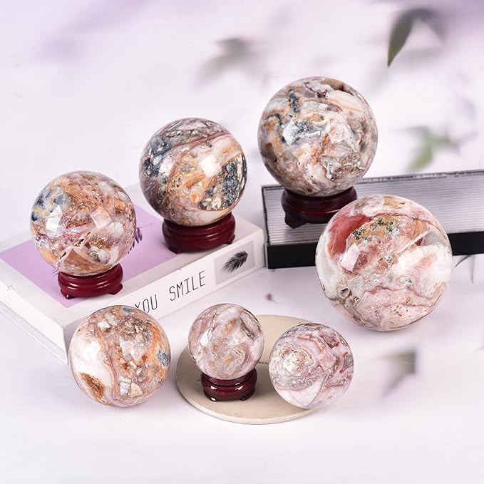 JIC Gem Large Striped Agate Crystal Sphere with Stand Gemstone Decorative Ball for Home Decor Altar Reiki Healing Gift 80-90mm