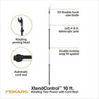 Fiskars XtendControl Extendable Tree Pruner (16 ft), Adjustable Branch Trimmer with Rotating Pruning Head, 15" X3 Double-Hooked Saw, 4-8 ft Extension Poles & Automatic Cord Reel for Precision Cutting