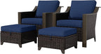 4 Piece Wicker Patio Conversation Set, All-Weather Use Outdoor 2 PE Rattan Chair, 2 Ottoman, Removable Water-Resistant Cushion, Ideal for Porch, Backyard, Balcony, Poolside, Blue