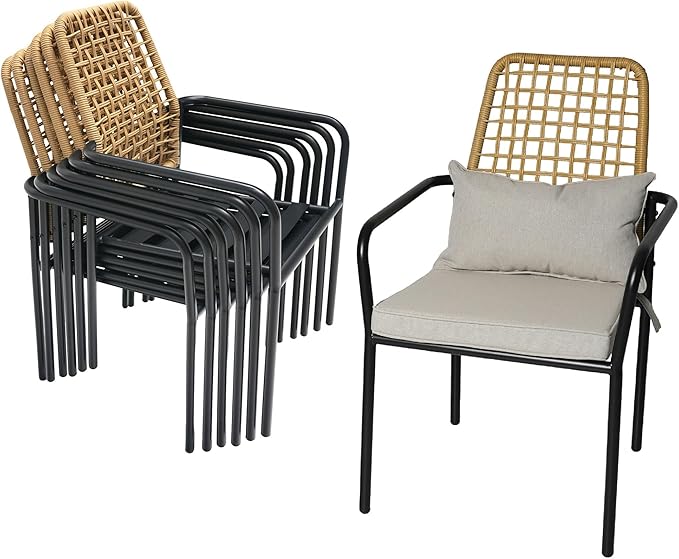 7-Piece Outdoor Dining Set, 6 Stackable Chairs with Cushions ＆ 63'' Rectangular Outdoor Table, Wicker Rattan Design, All Weather Frame Furniture Set