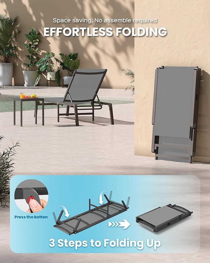Foldable Pool Lounge Chairs, Aluminum Chaise Lounge Outdoor with 5 Positions Recliner - Free Assembly - Patio Lounge Chair for Poolside, Beach (Darkgray)